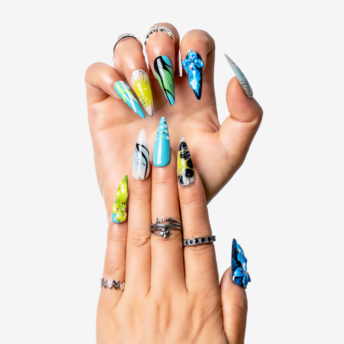 Blue Tropical Floral Stiletto Press-On Nails