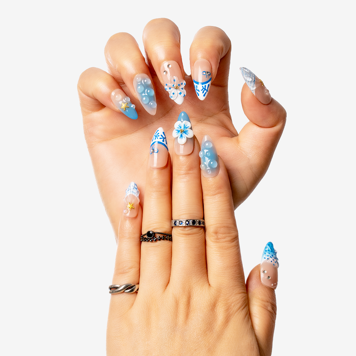 Bubble Tide Blue Almond Nails