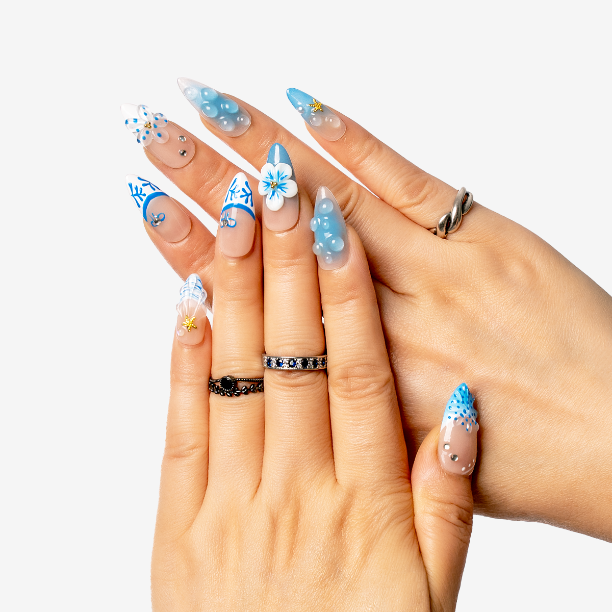 Bubble Tide Blue Almond Nails