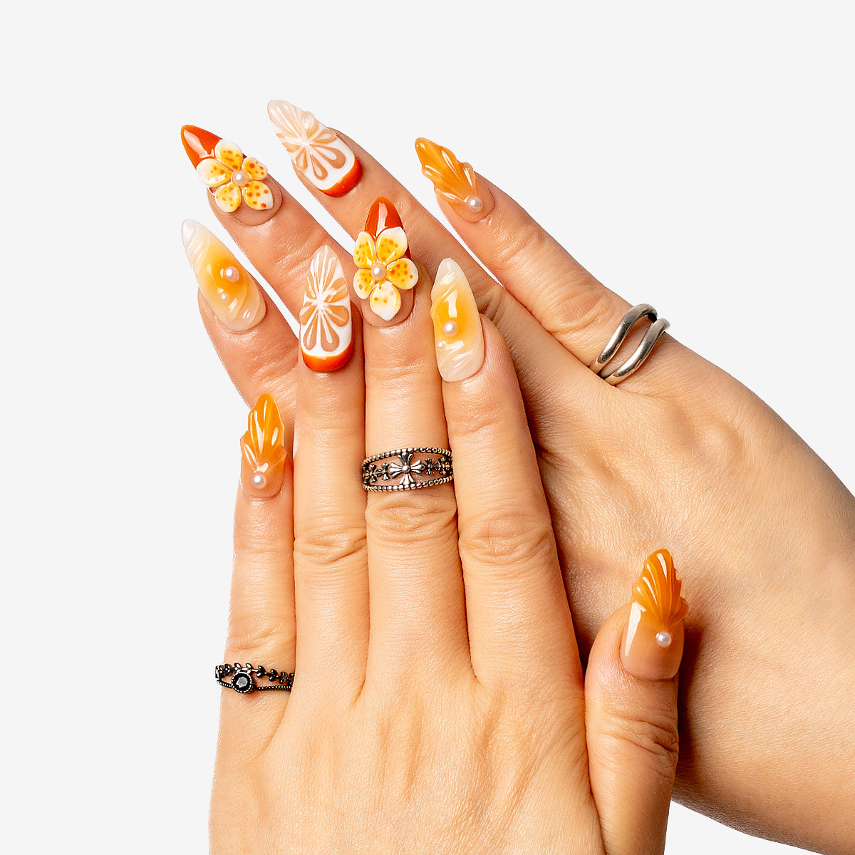 Amber Flora Almond Press-on Nails