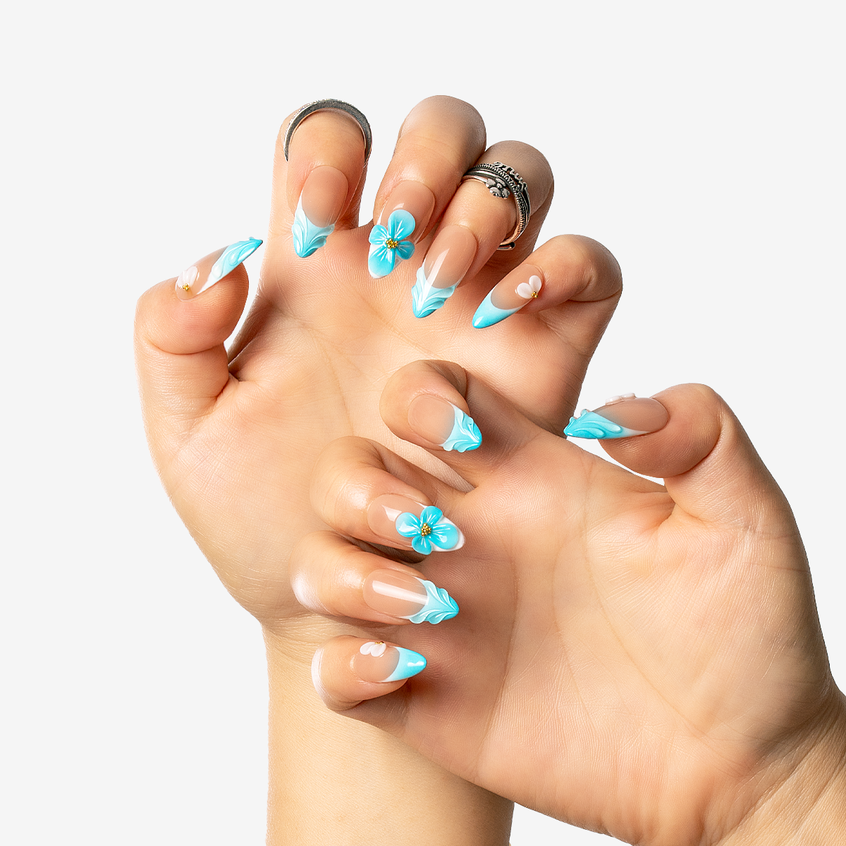Aqua Blossom Almond Press-On Nails
