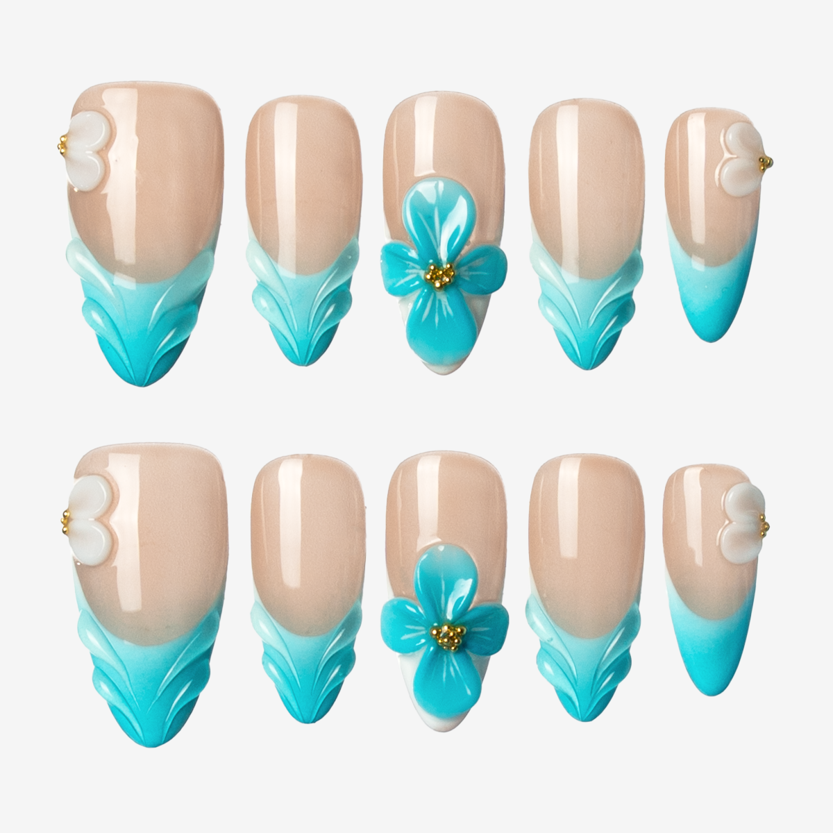 Aqua Blossom Almond Press-On Nails