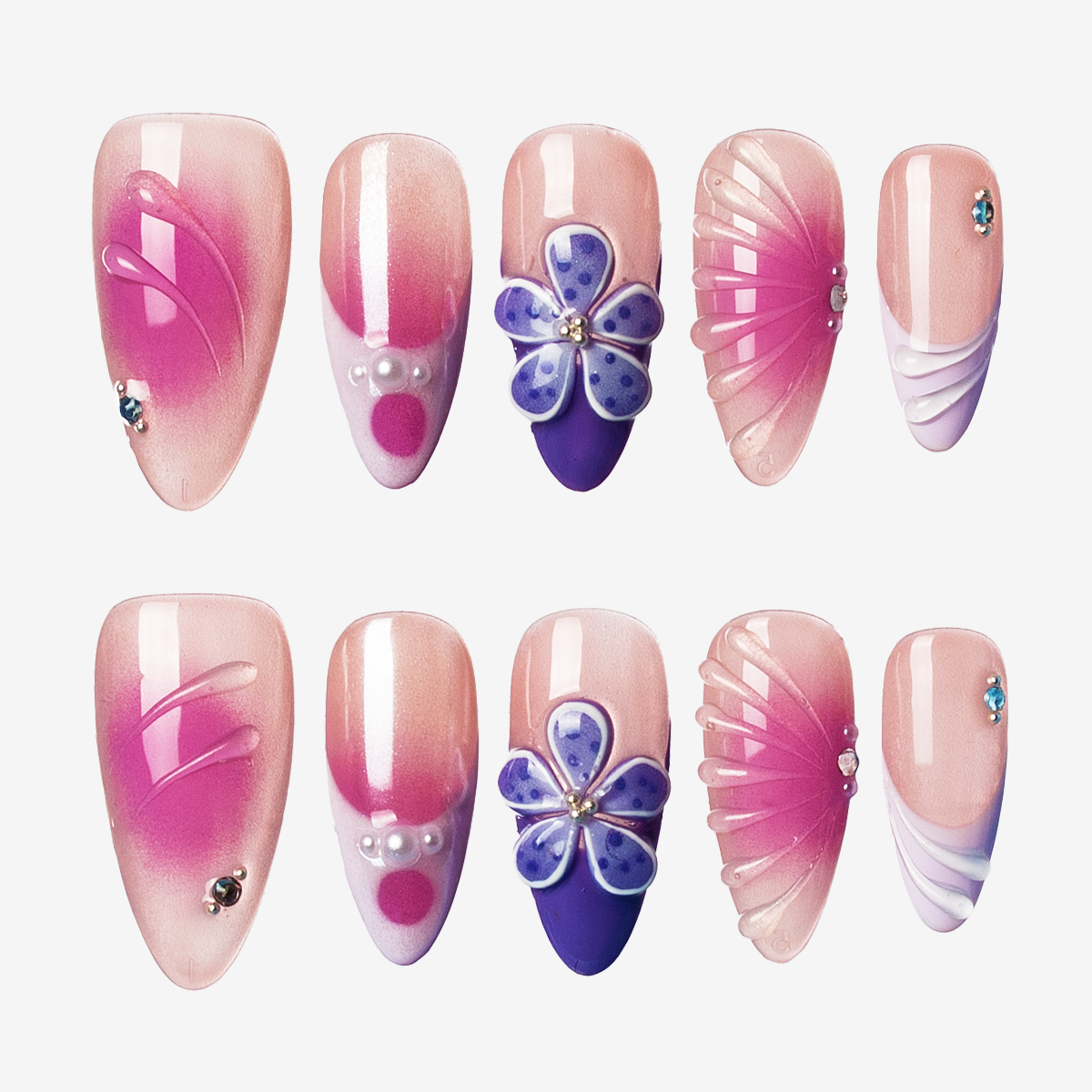 Purple Blossom Almond French Nails