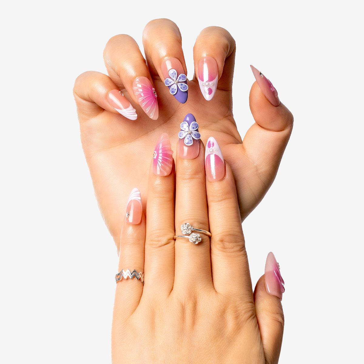 Purple Blossom Almond French Nails
