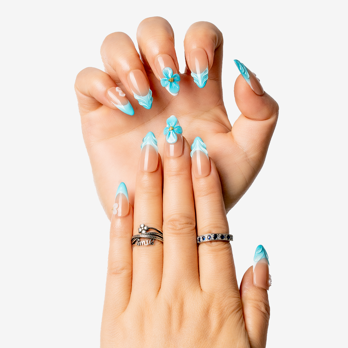 Aqua Blossom Almond Press-On Nails