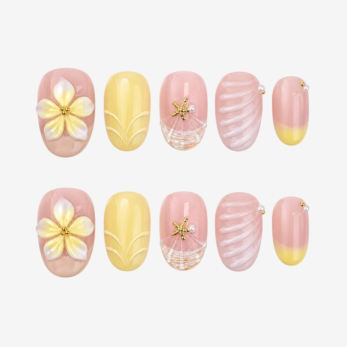 Tropical Plumeria & Seashell Press On Nails | 10PCS