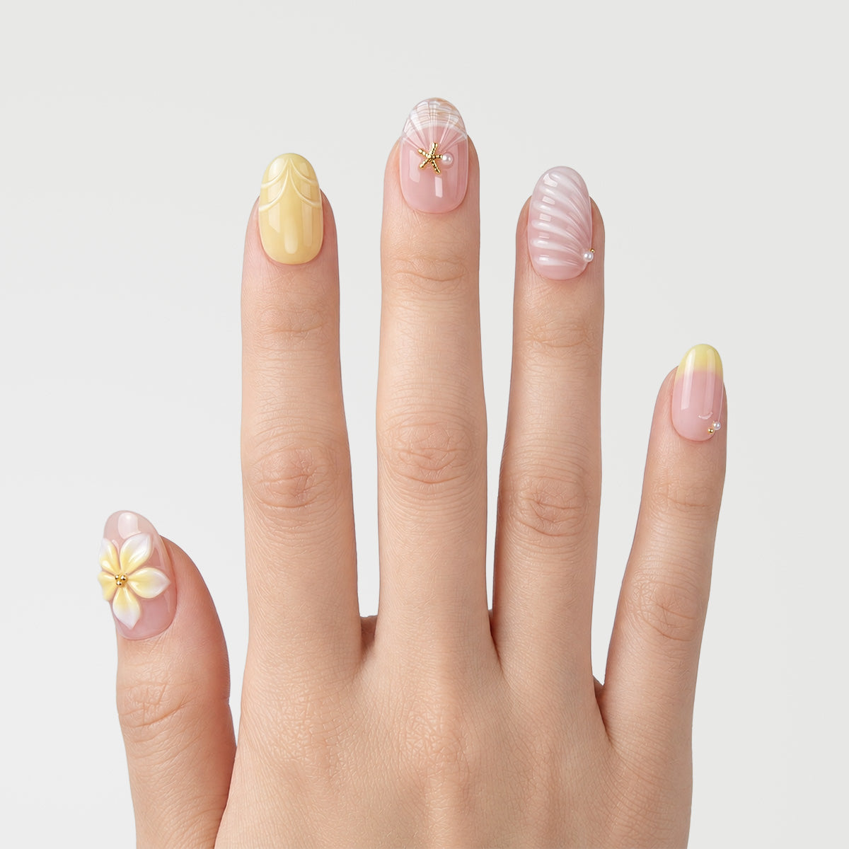 Tropical Plumeria & Seashell Press On Nails | 10PCS