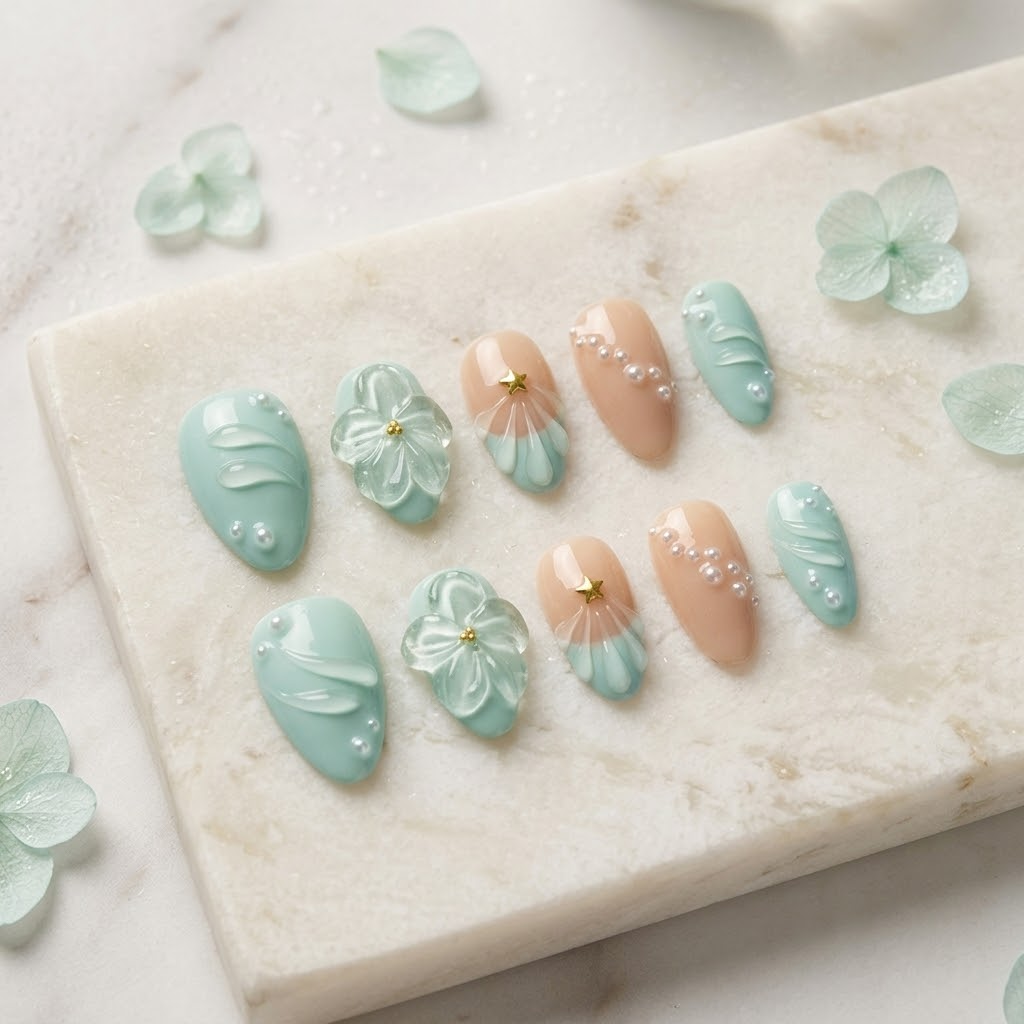 Mint Peach Floral Press On Nails | Salon-Pro 10PCS
