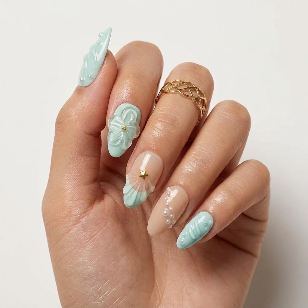 Mint Peach Floral Press On Nails | Salon-Pro 10PCS
