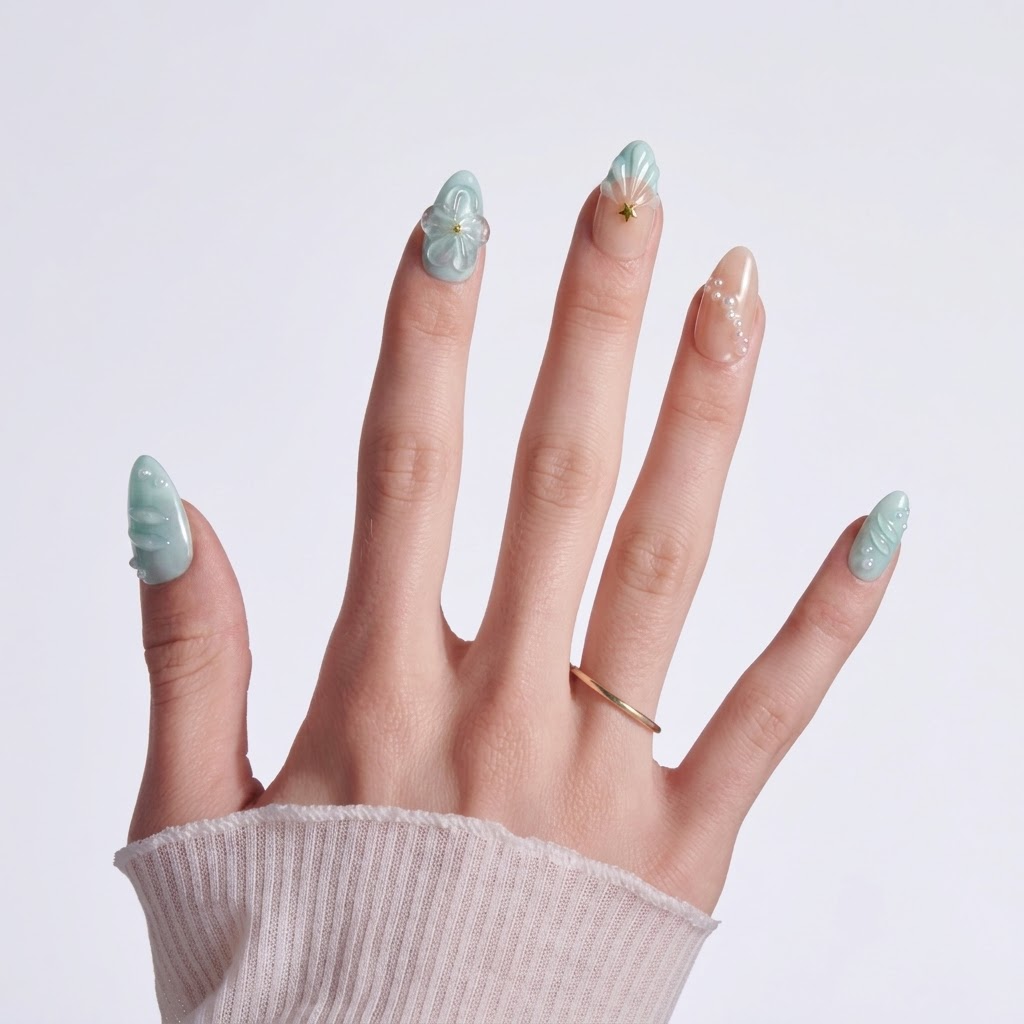 Mint Peach Floral Press On Nails | Salon-Pro 10PCS