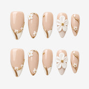 Elegant White Floral & Gold French Press On Nails | 10PCS