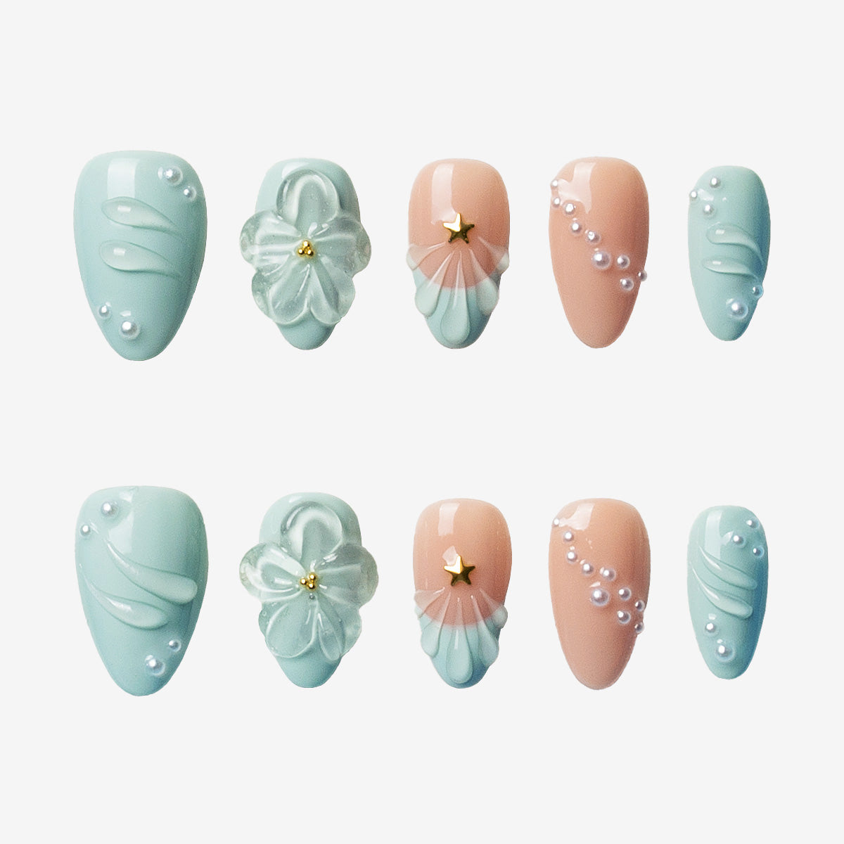 Mint Peach Floral Press On Nails | Salon-Pro 10PCS
