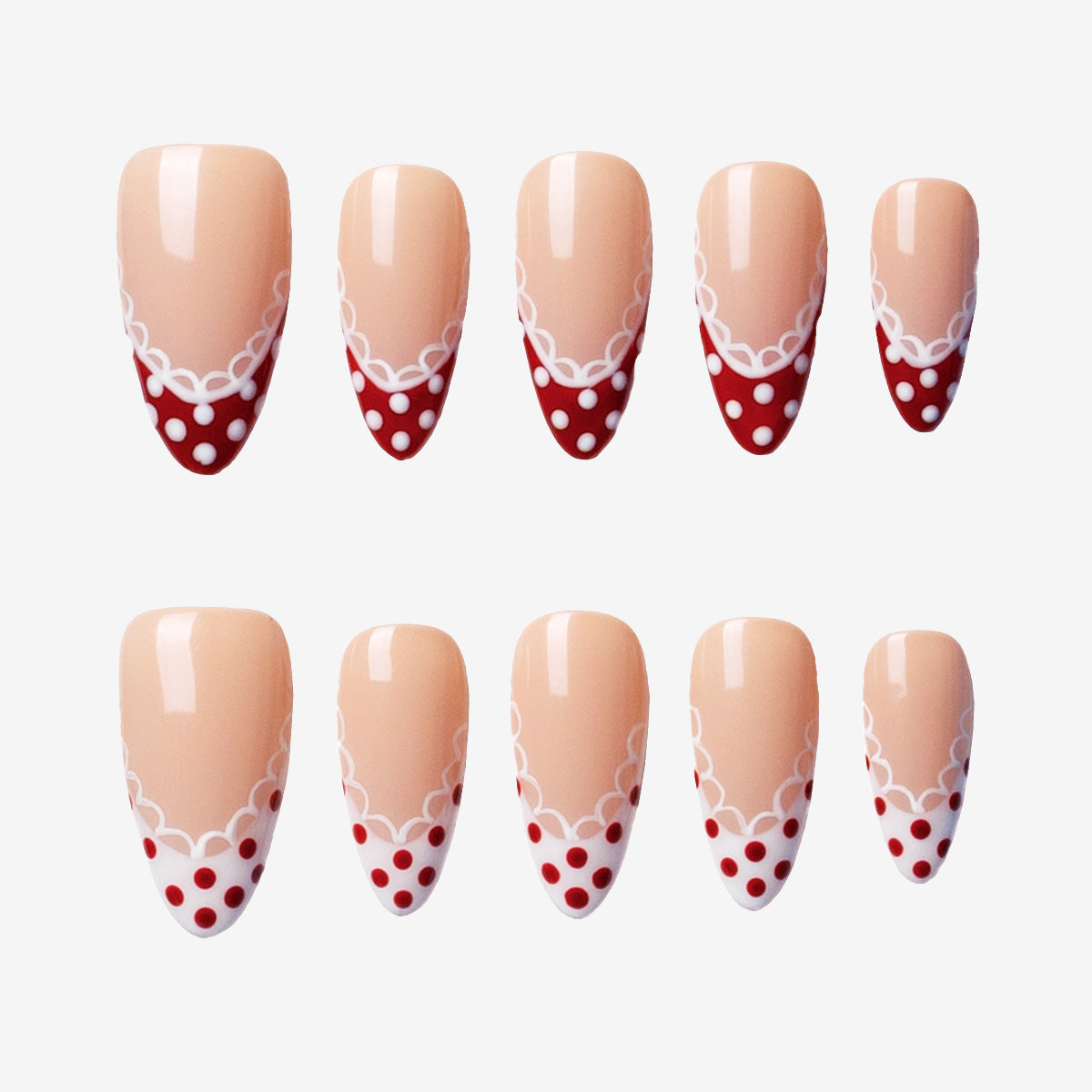 Ruby Polka Lace Almond French Nails | Salon-Pro 10PCS
