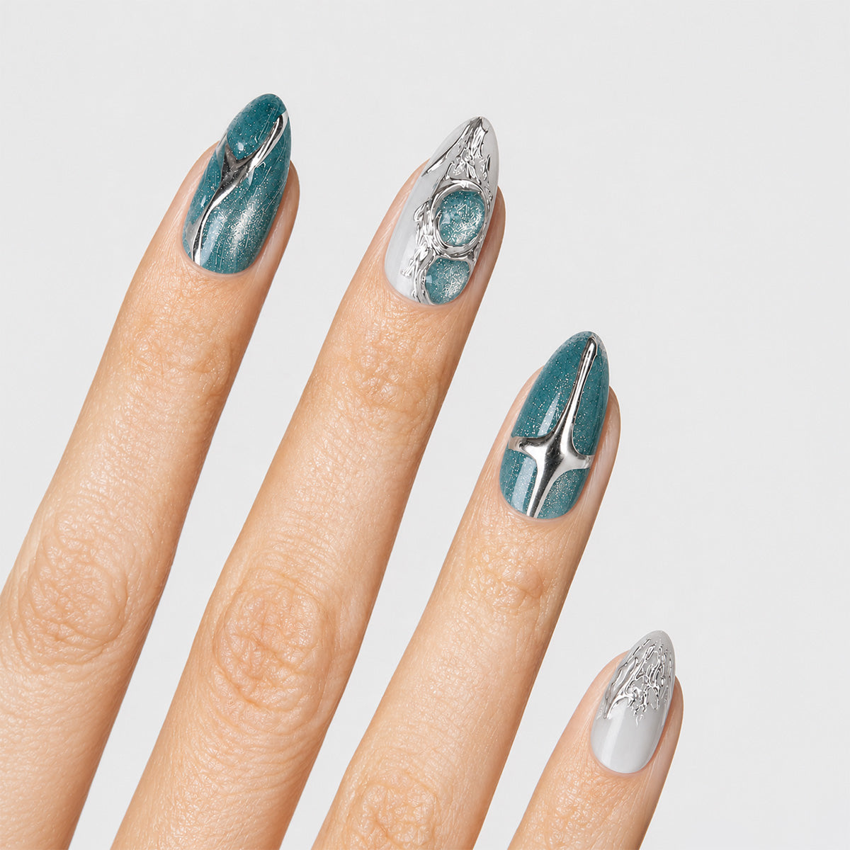 Cool Teal Metallic Star Press On Nails | 10PCS