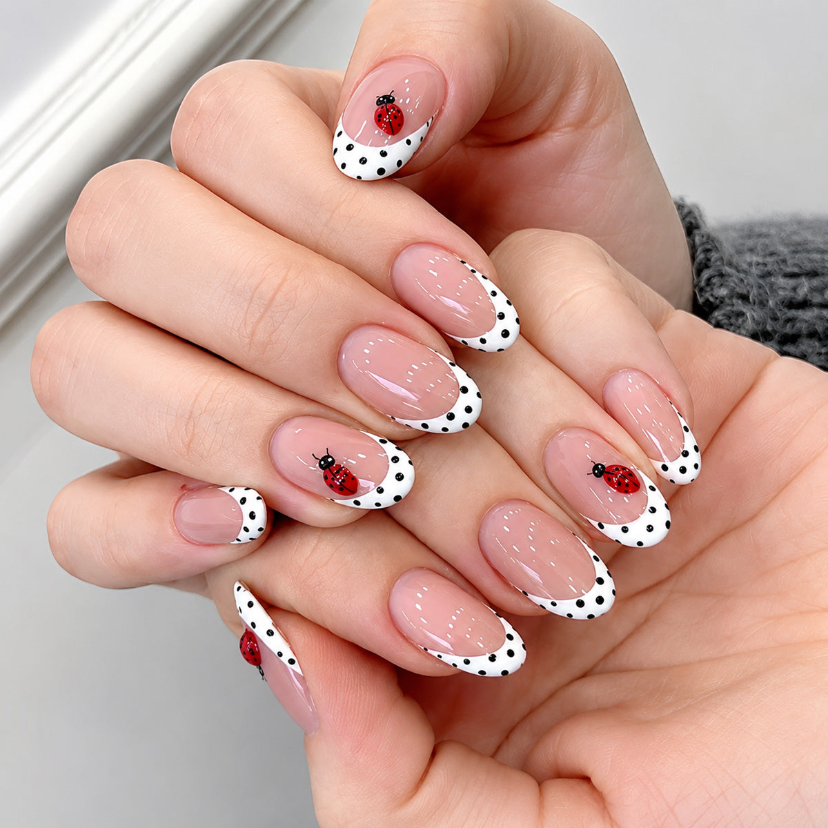 Playful Ladybug Polka Dot French Press On Nails 24PCS