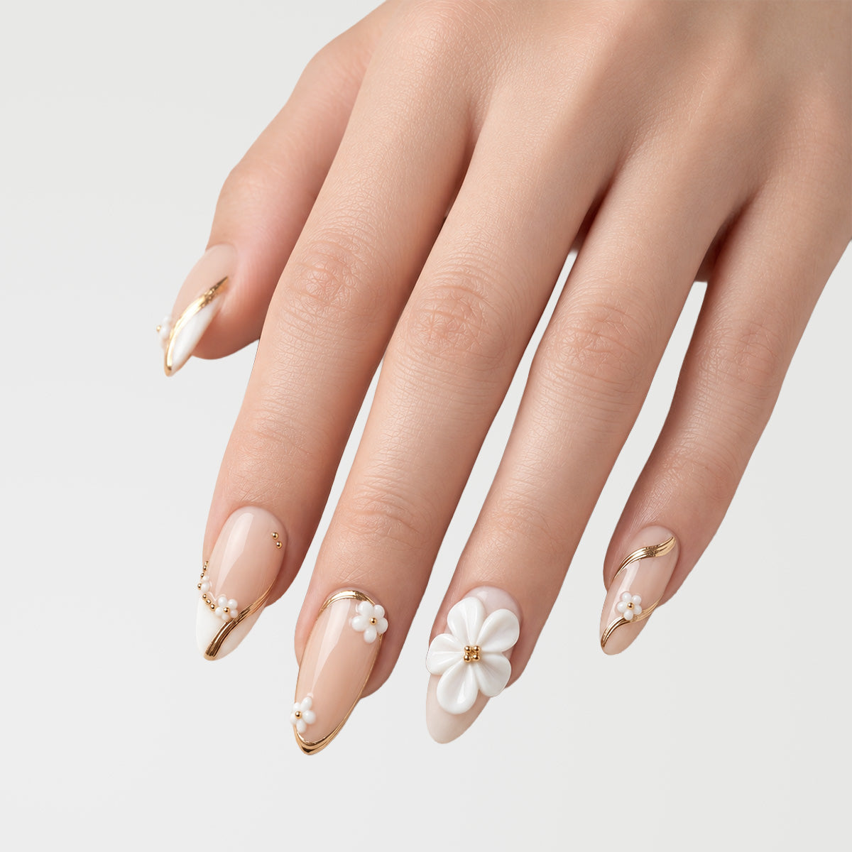 Elegant White Floral & Gold French Press On Nails | 10PCS