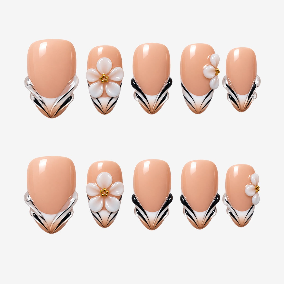 Monochrome Daisy French Almond Press On Nails | Salon-Pro 10PCS