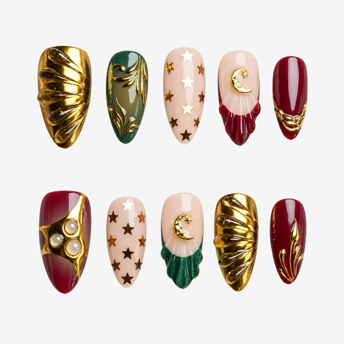 Burgundy Emerald Celestial Almond Press On Nails | Salon-Pro 10PCS
