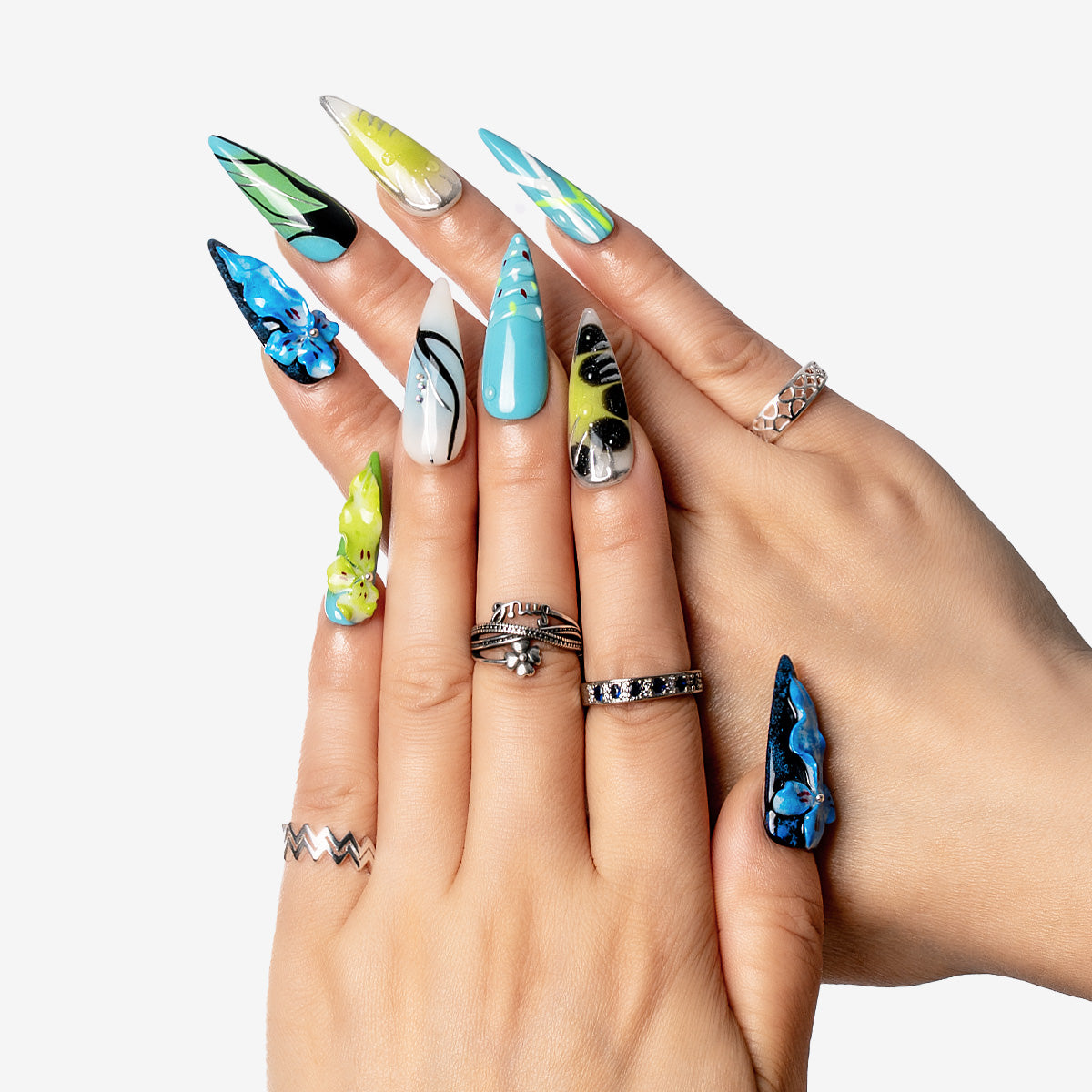 Blue Tropical Floral Stiletto Press-On Nails