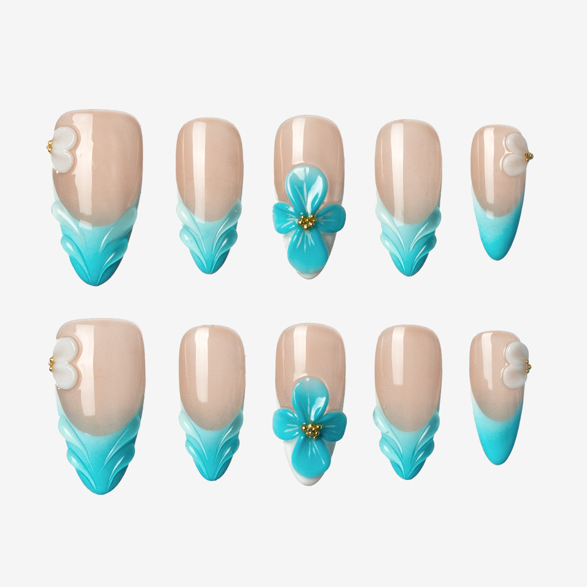 Aqua Blossom Almond Blue Press-On Nails | Salon-Pro 10PCS