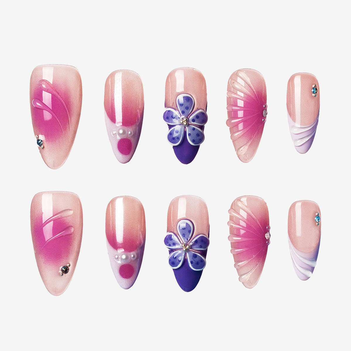 Purple Blossom Almond French Nails | Salon-Pro 10PCS