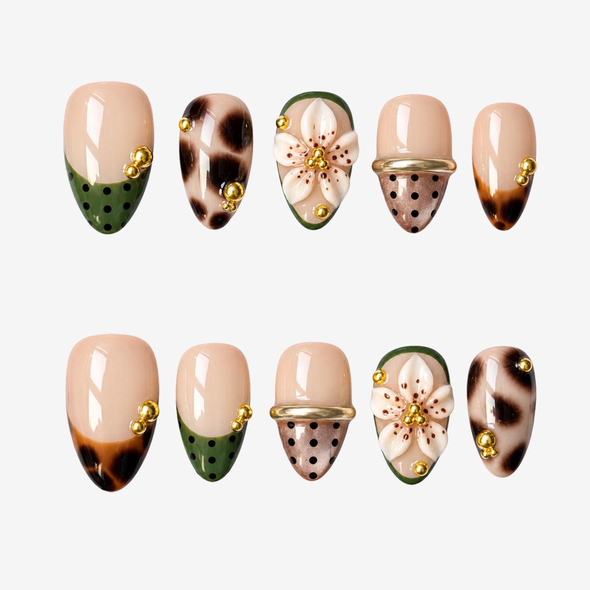 Olive Tortoise Polka Blossom Almond Press On Nails | Salon-Pro 10PCS
