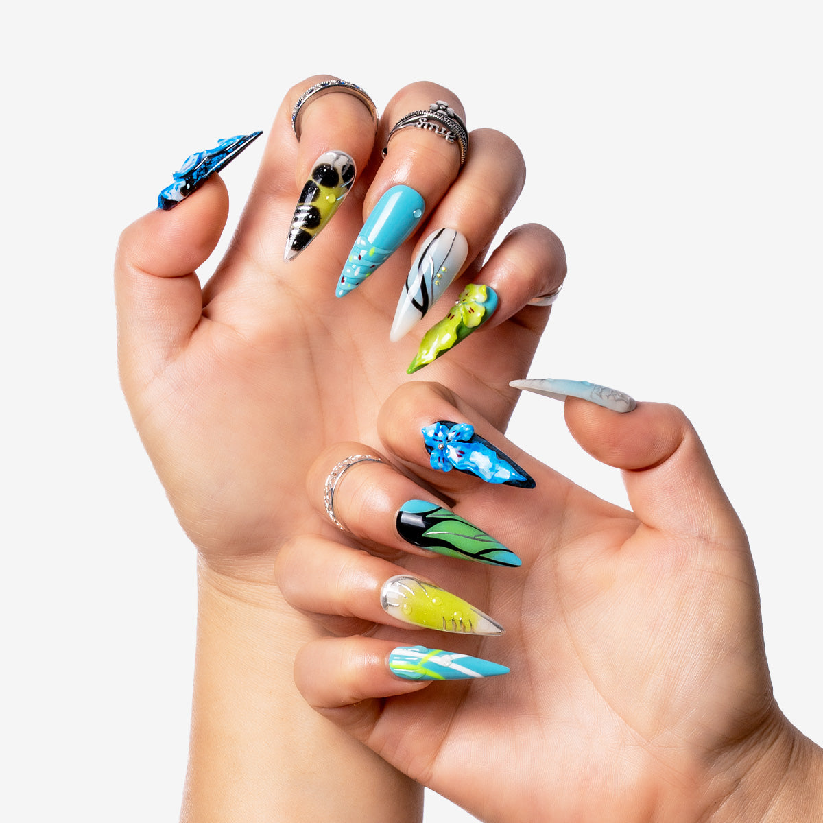 Blue Tropical Floral Stiletto Press-On Nails