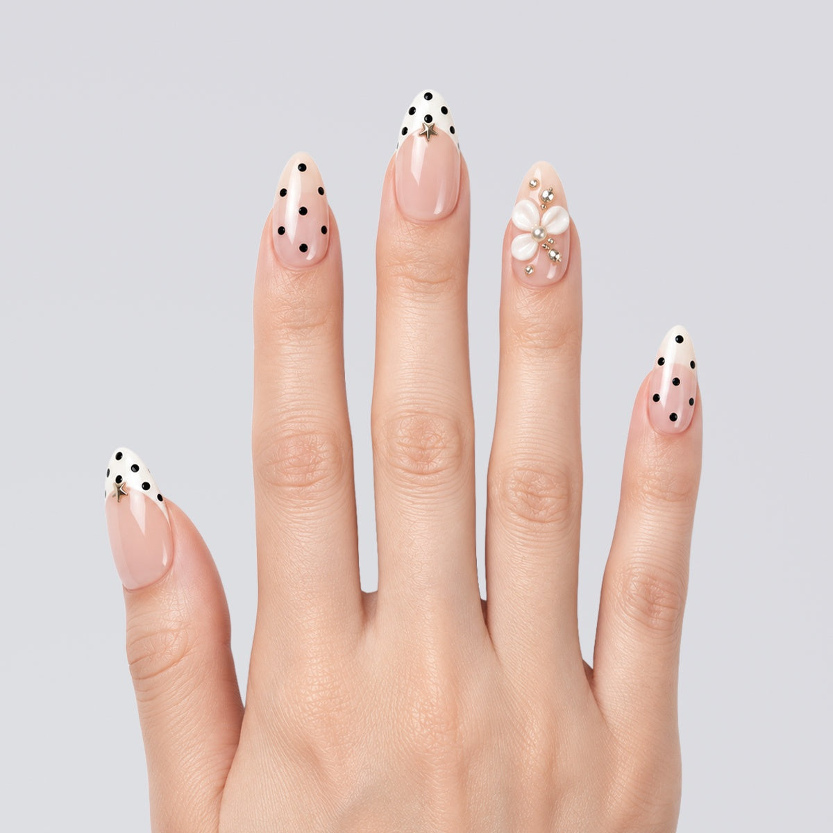 Blush Polka Pearl Blossom Almond Press On Nails | Salon-Pro 10PCS