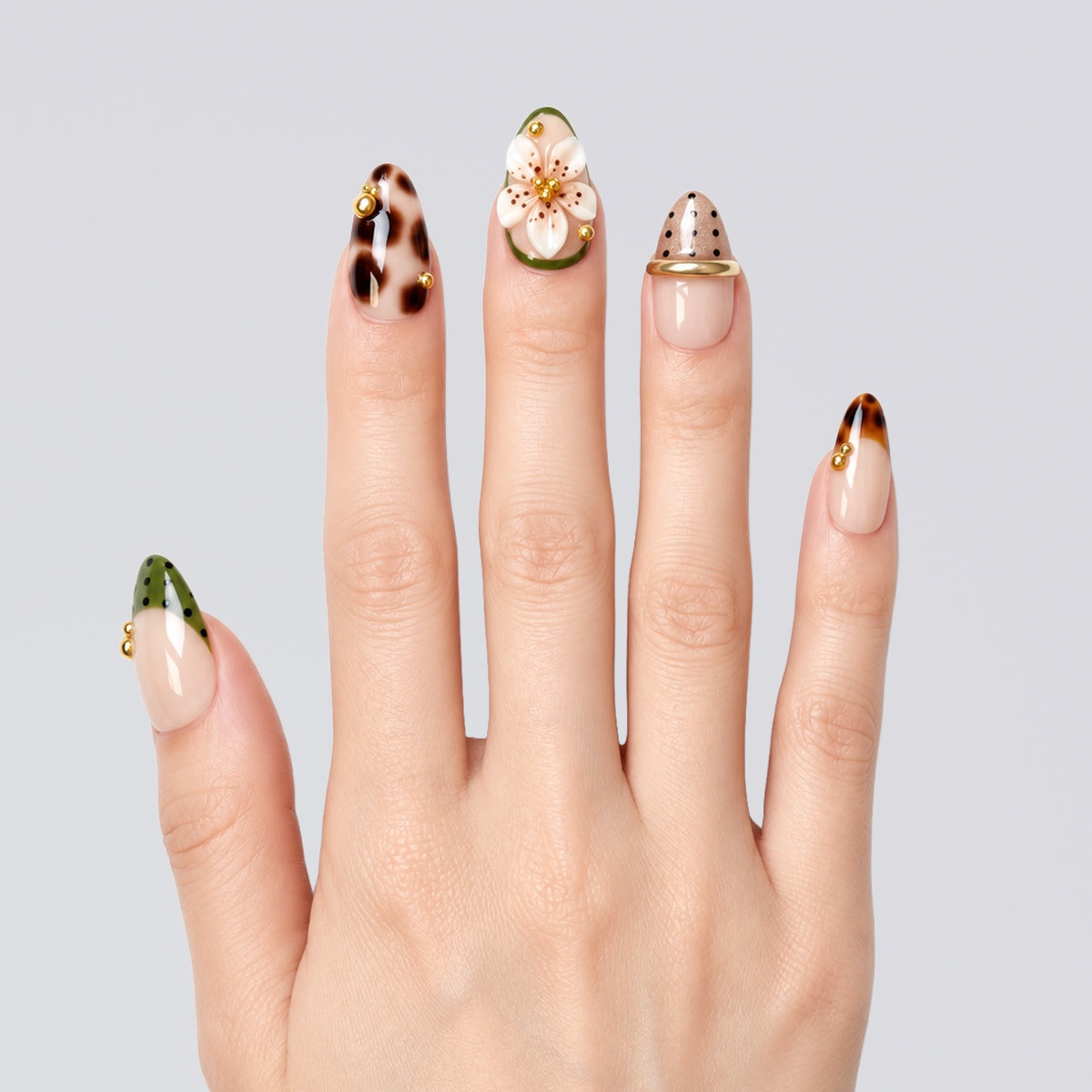 Olive Tortoise Polka Blossom Almond Press On Nails | Salon-Pro 10PCS