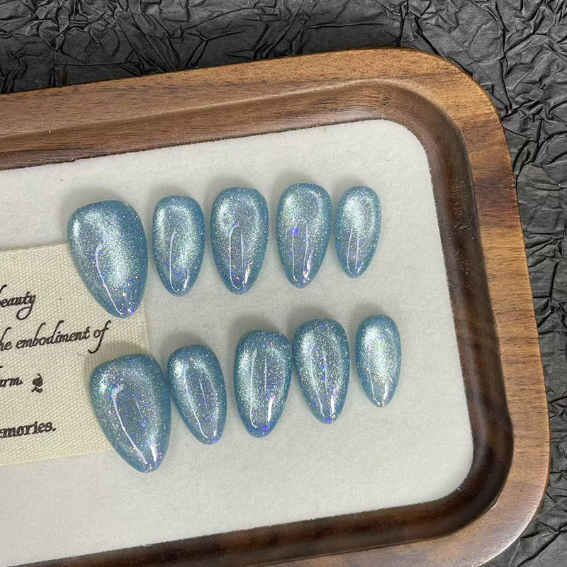 Icy Blue Velvet Cat Eye Almond Press-on Nails