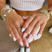Chic Blue Stripe & Dot Short Round Press On Nails 24PCS