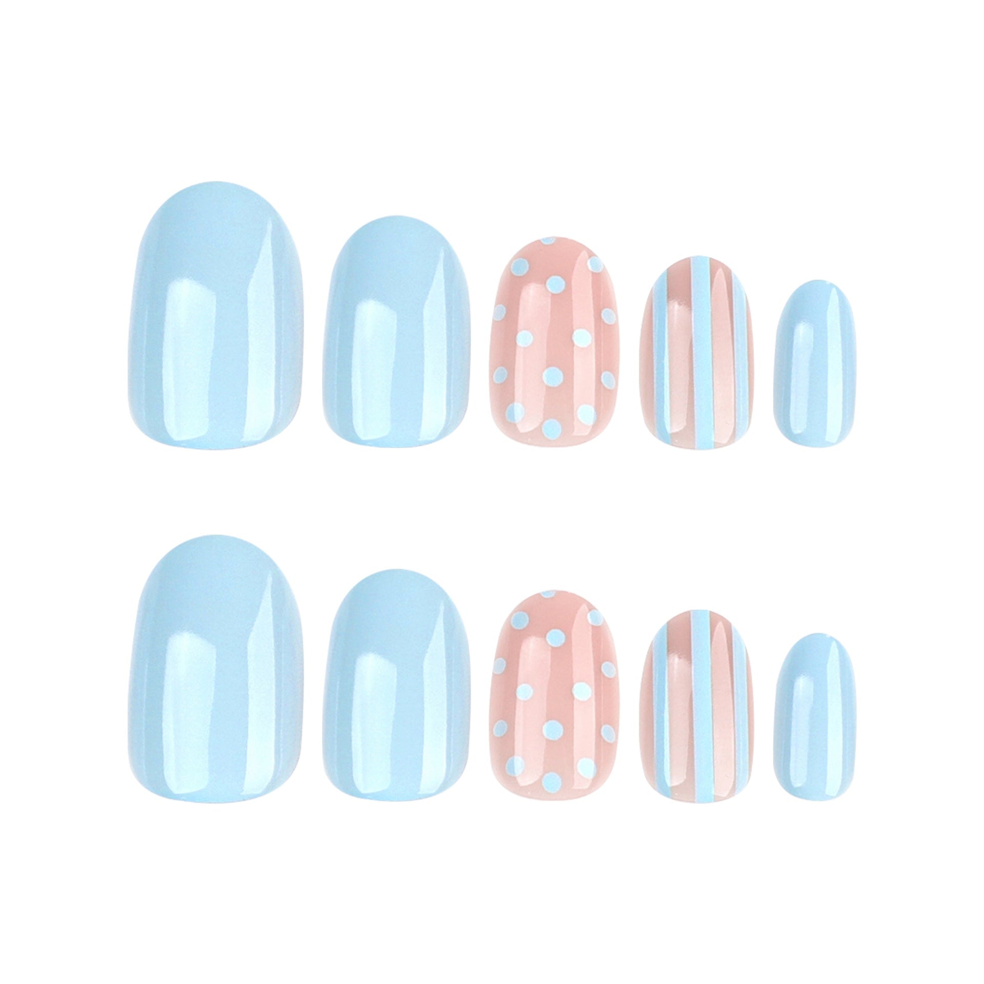Chic Blue Stripe & Dot Short Round Press On Nails 24PCS