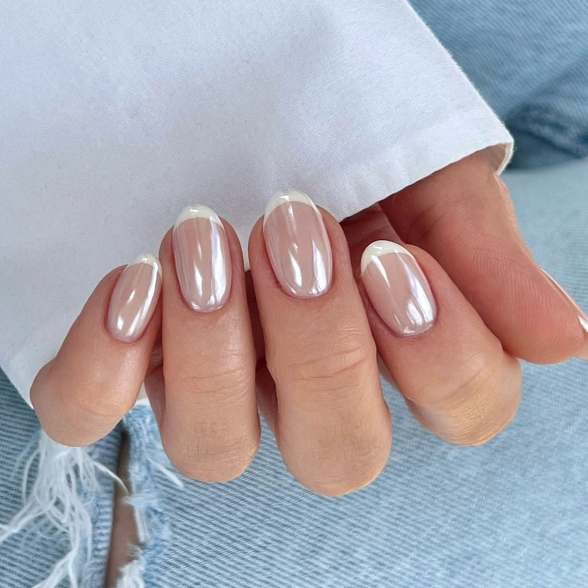 Minimalist French White Tip Chrome Press On Nails 24PCS