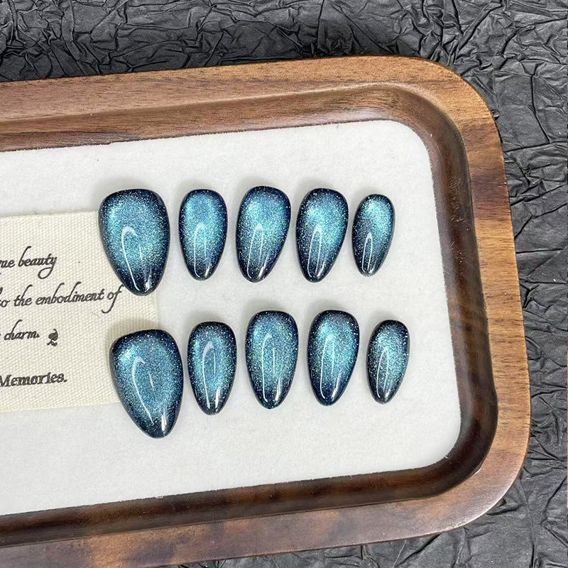 Galaxy Teal Velvet Cat Eye Almond Press-on Nails