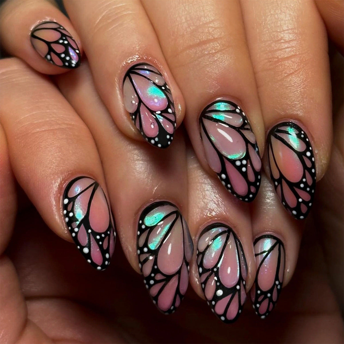 3D Butterfly Iridescent Shimmer Gradient Press On Nails 24PCS
