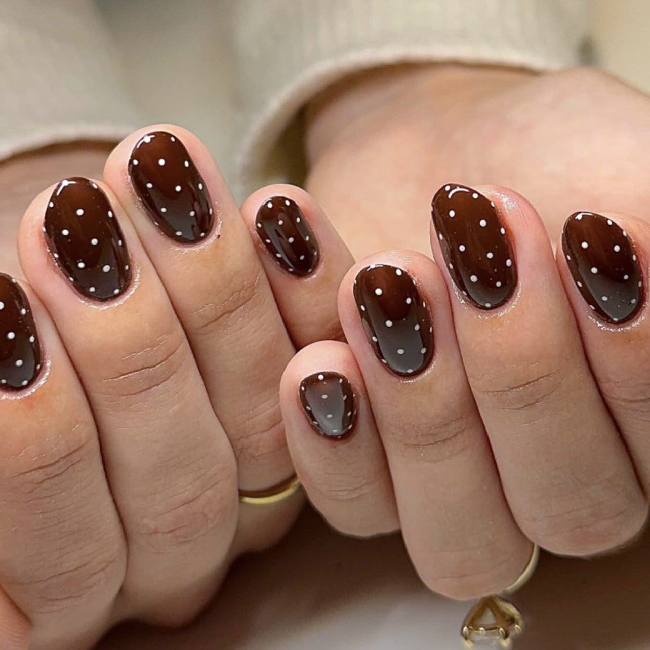 Autumn Brown Polka Dot Short Round Press On Nails 24PCS