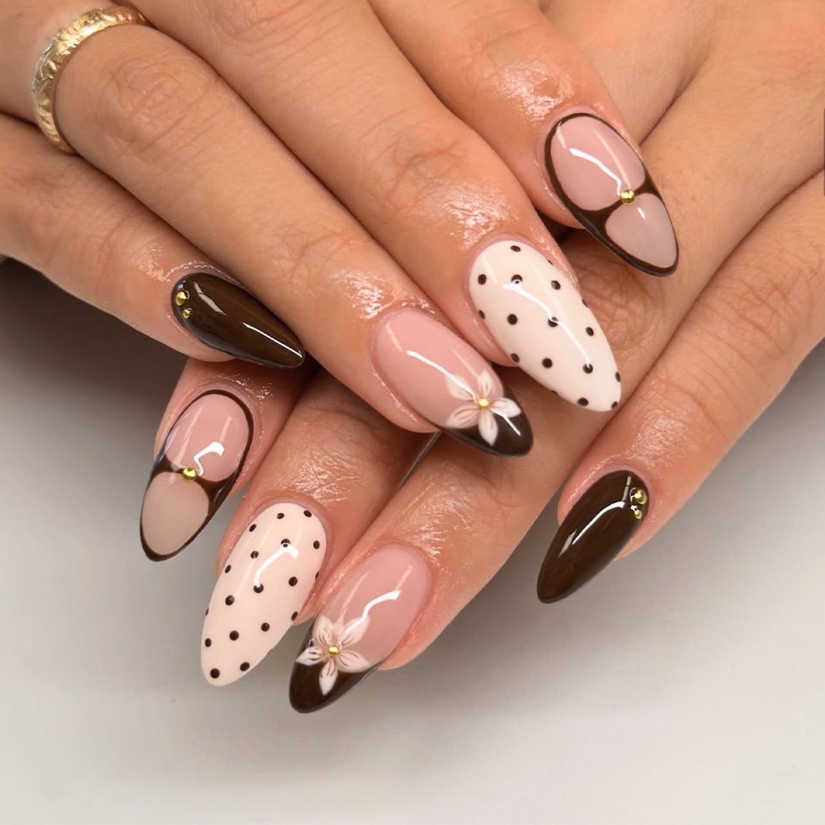 Cocoa Polka Bow Almond Press On Nails 24PCS