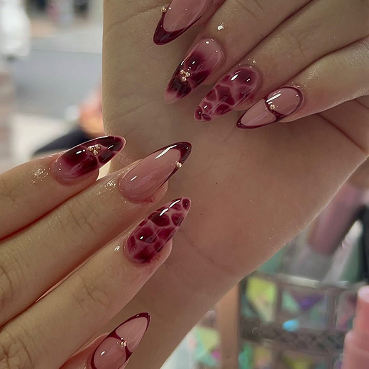 Luxury Wine Red Floral French Press On nails 24PCS
