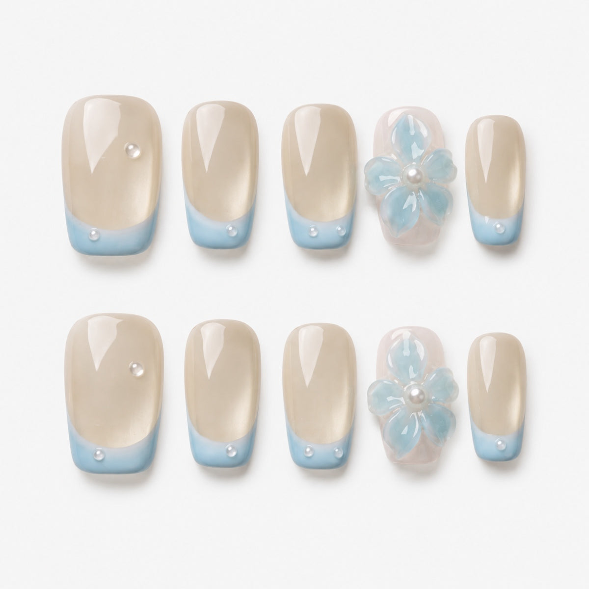 Baby Blue French 3D Floral Press On Nails | 10PCS
