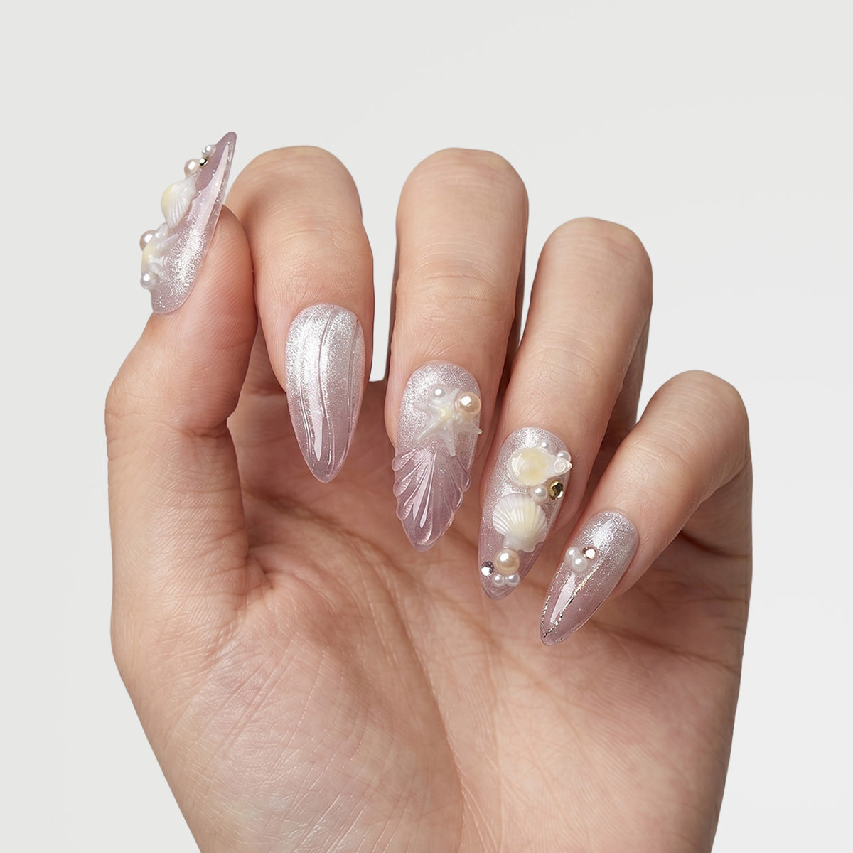 Silver Pink Mermaid Shell Press On Nails | 10PCS
