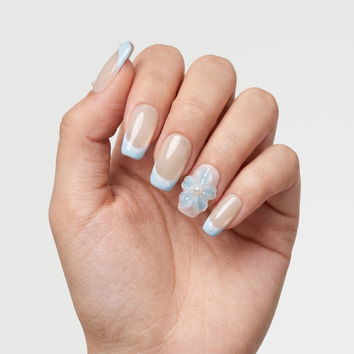 Baby Blue French 3D Floral Press On Nails | 10PCS