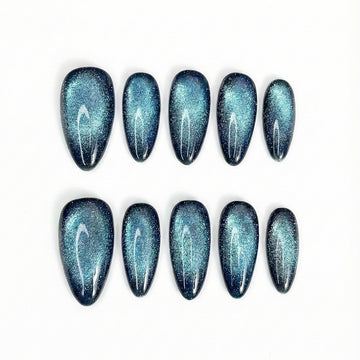 Galaxy Teal Velvet Cat Eye Almond Press-on Nails