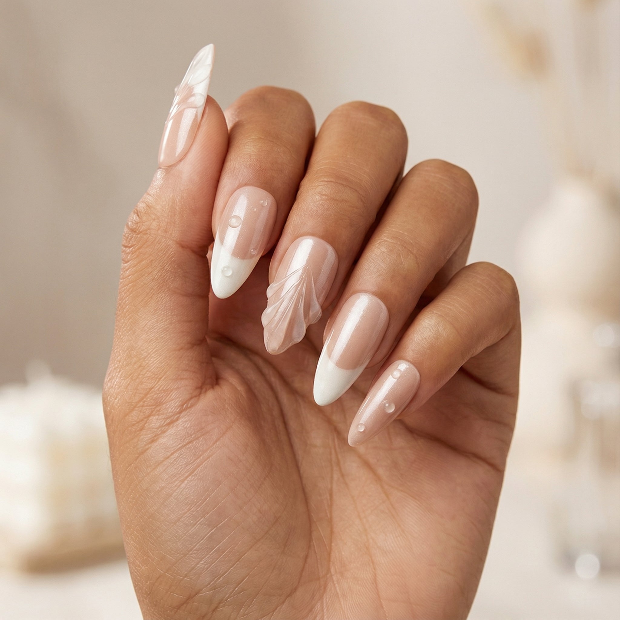 Pearl Glaze Almond French Nails