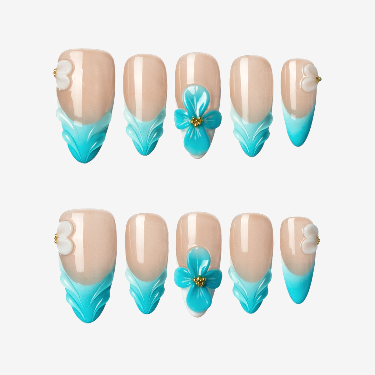 Aqua Blossom Almond Blue Press-On Nails | Salon-Pro 10PCS
