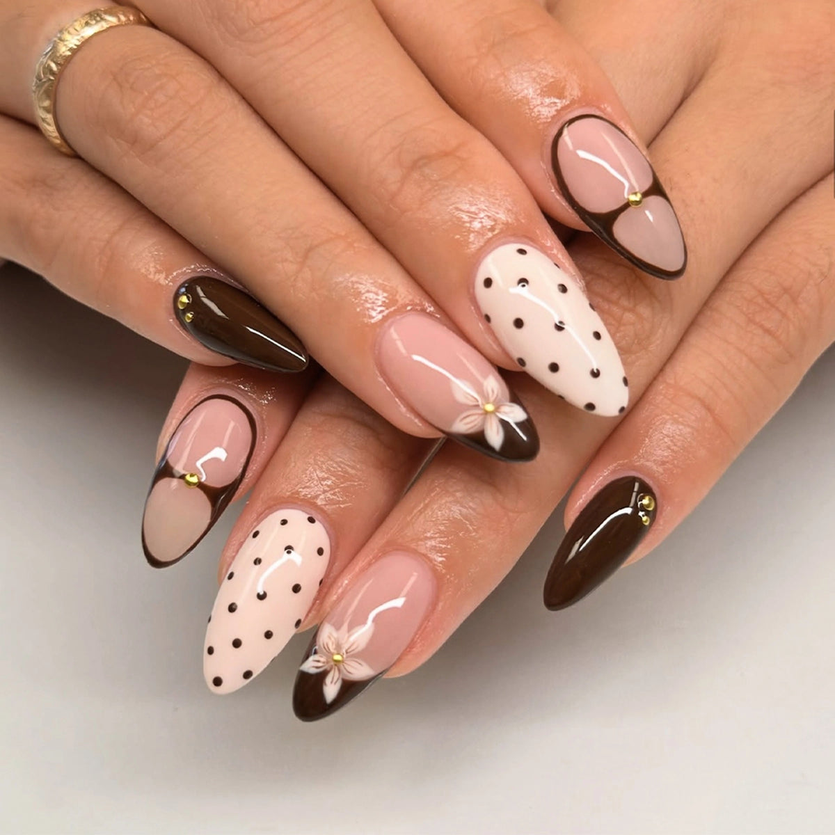 Cocoa Polka Bow Almond Press On Nails 24PCS