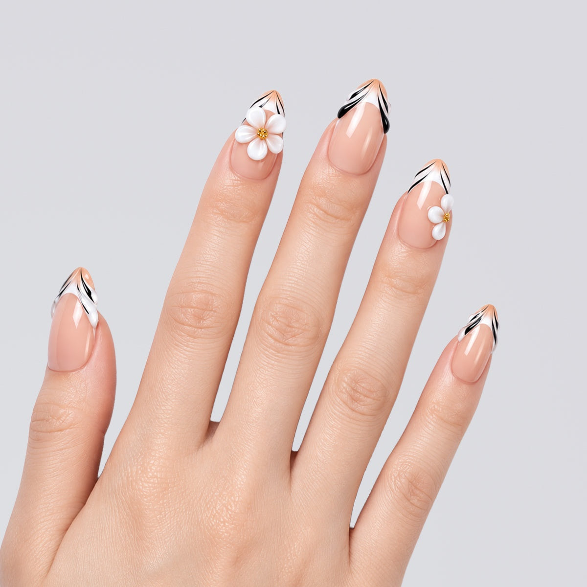 Monochrome Daisy French Almond Press On Nails | Salon-Pro 10PCS