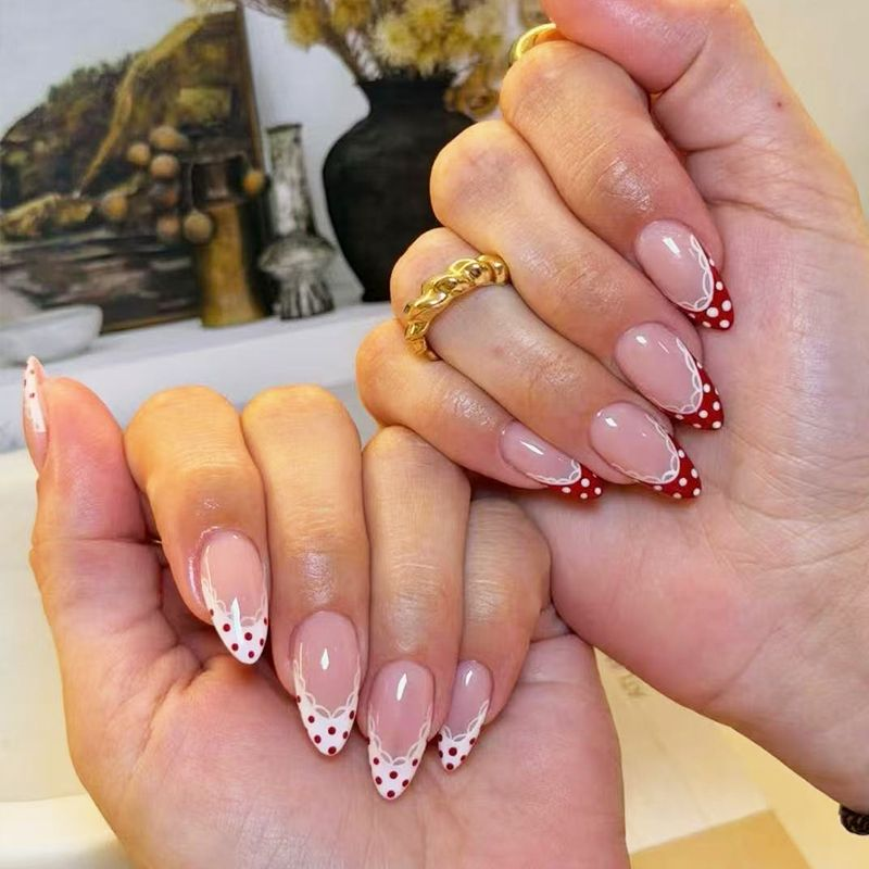 Ruby Polka Lace Almond French Nails | Salon-Pro 10PCS