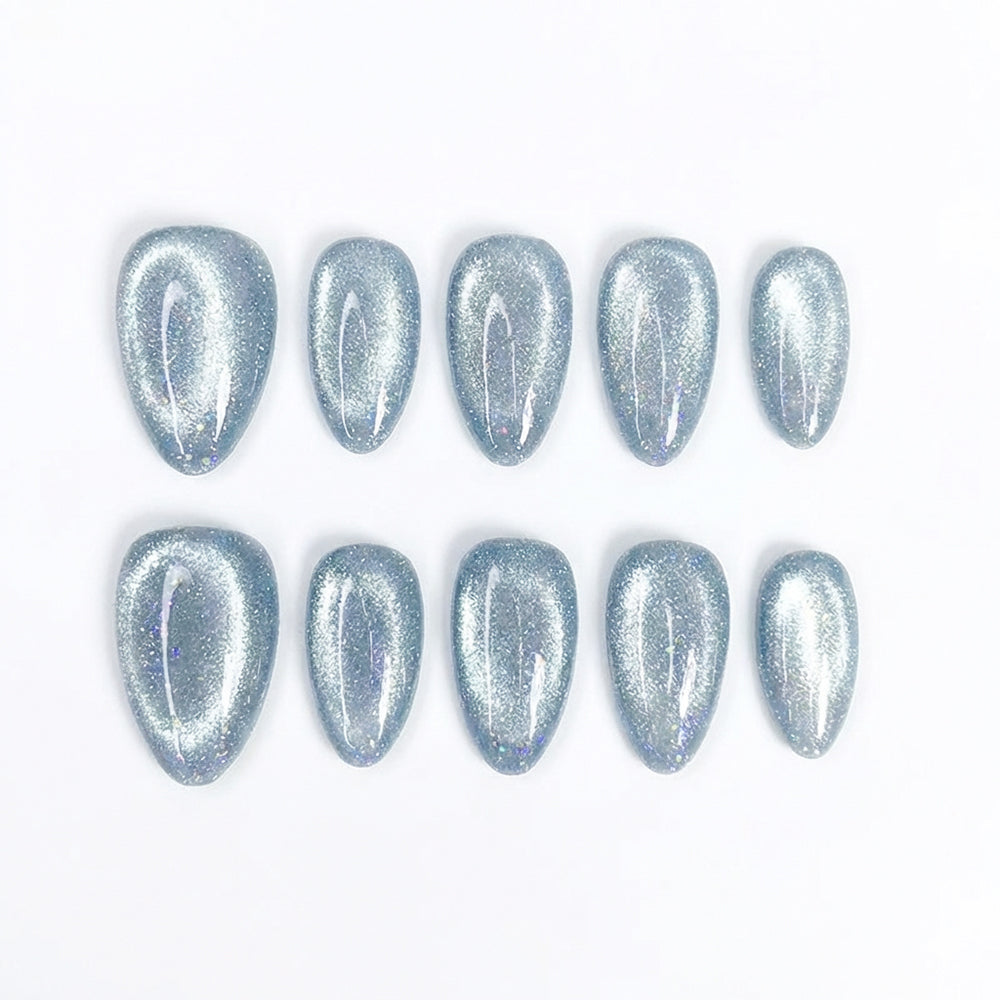 Icy Blue Velvet Cat Eye Almond Press-on Nails
