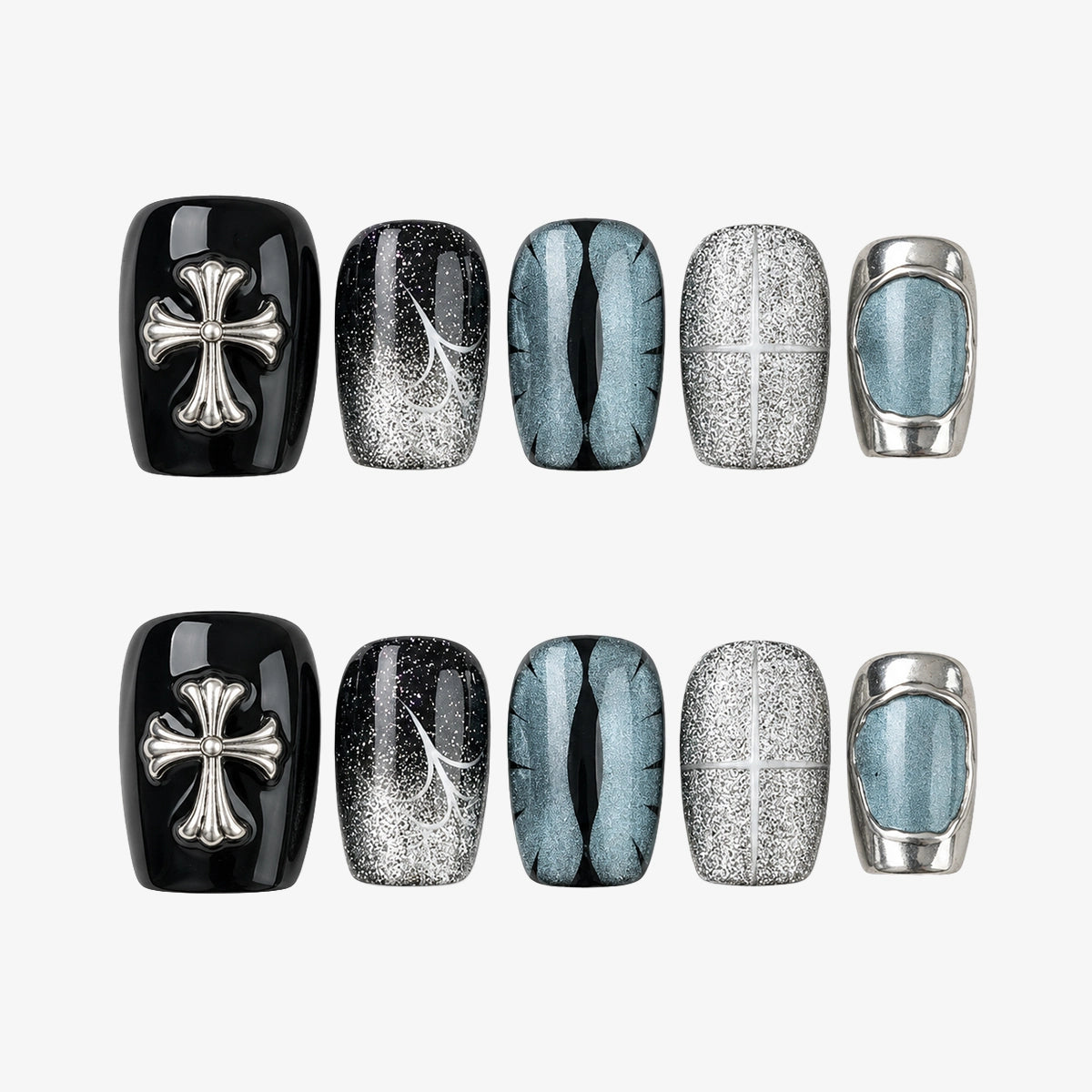 Grunge Liquid Silver & Black Glitter Press On Nails | 10PCS