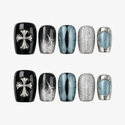 Grunge Liquid Silver & Black Glitter Press On Nails | 10PCS